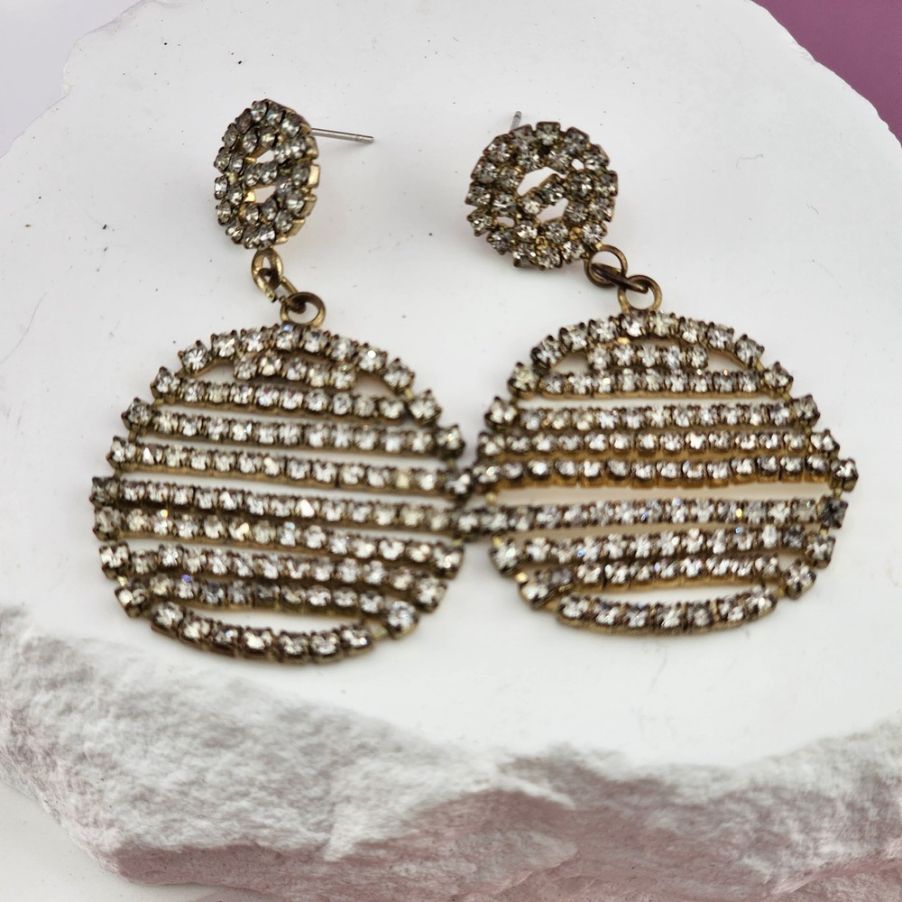 Clear Rhinestone Disc Dangle Earrings Gold Tone Statement Cocktail Party Glam